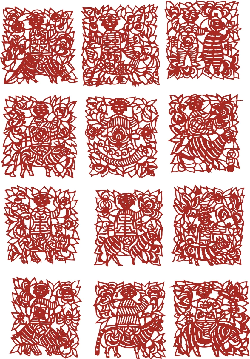 中国风中式传统喜庆民俗人物动物窗花剪纸插画边框AI矢量PNG素材【1691】
